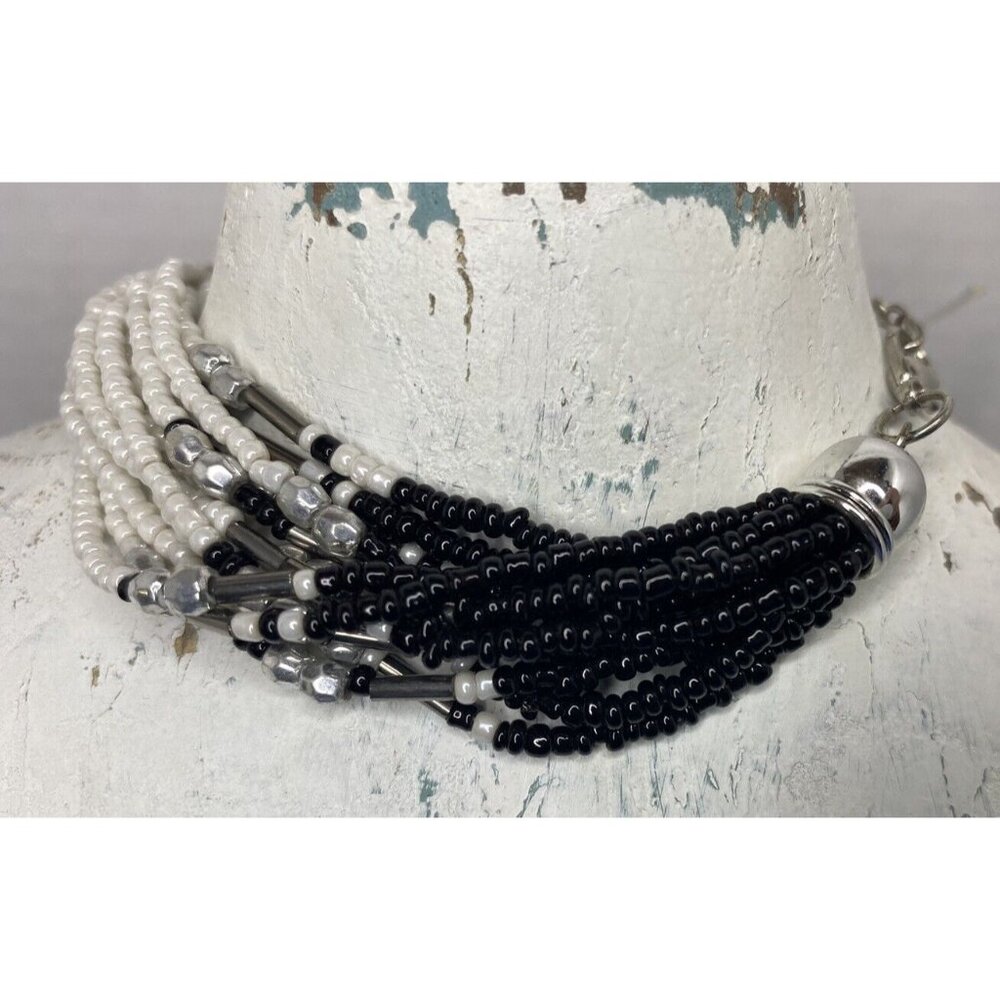 Glass Bead BRACELET Braided Seed Bead Chunky Southwesten Jewelry Black & White - Picture 3 of 5